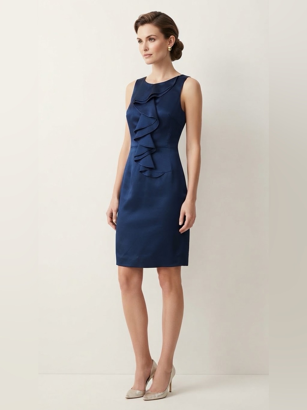 St. John Couture Navy Blue Silk Blend Ruffled Cocktail Dress Size 6